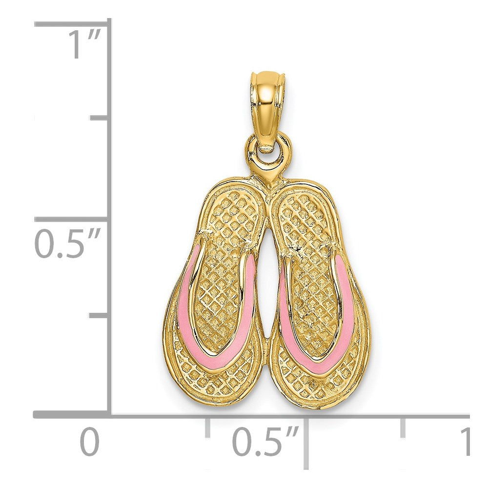 14k Yellow Gold  3D W/ Pink Enamel Double Flip-Flop Charm