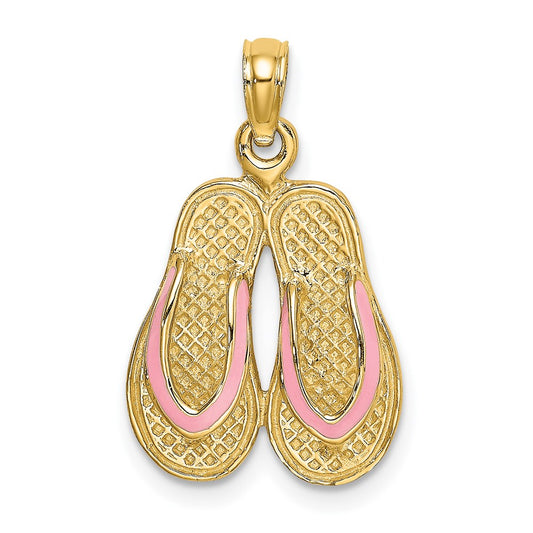 14k Yellow Gold  3D W/ Pink Enamel Double Flip-Flop Charm