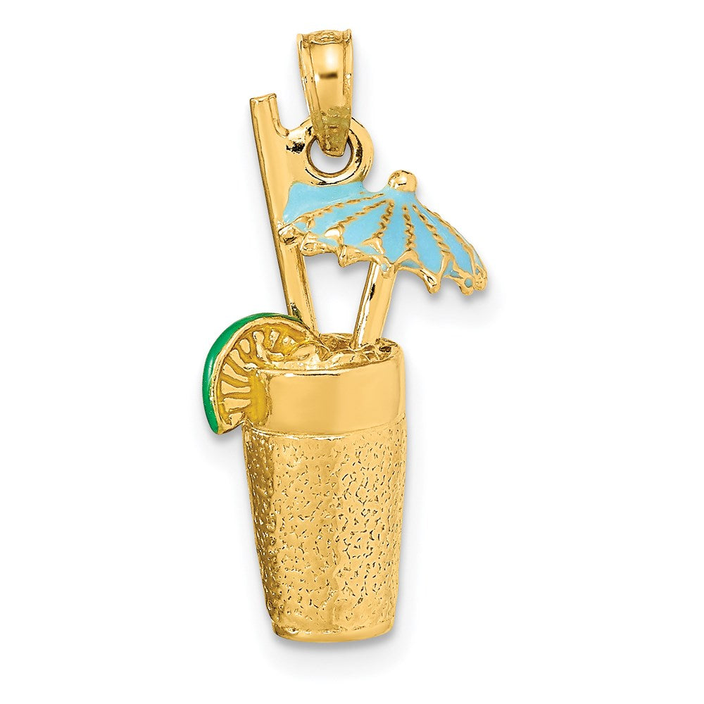 14k Yellow Gold 3-D Cocktail Drink w/ Enamel Umbrella and Lime Charm