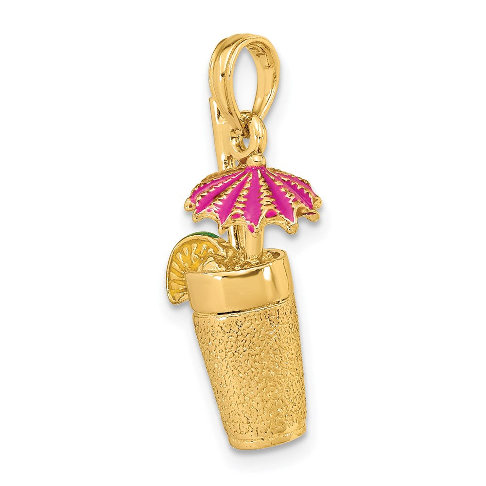 14k Yellow Gold 3-D Cocktail Drink w/Fuschia Enamel Umbrella and Lime Charm