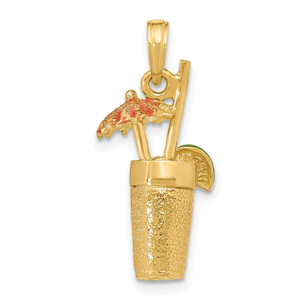 14k Yellow Gold 3-D Cocktail Drink w/Orange Enamel Umbrella and Lime Charm