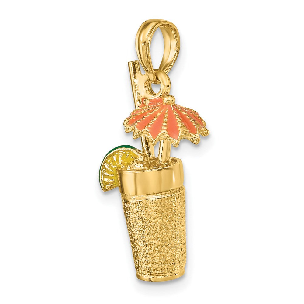 14k Yellow Gold 3-D Cocktail Drink w/Orange Enamel Umbrella and Lime Charm