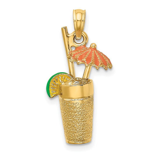 14k Yellow Gold 3-D Cocktail Drink w/Orange Enamel Umbrella and Lime Charm