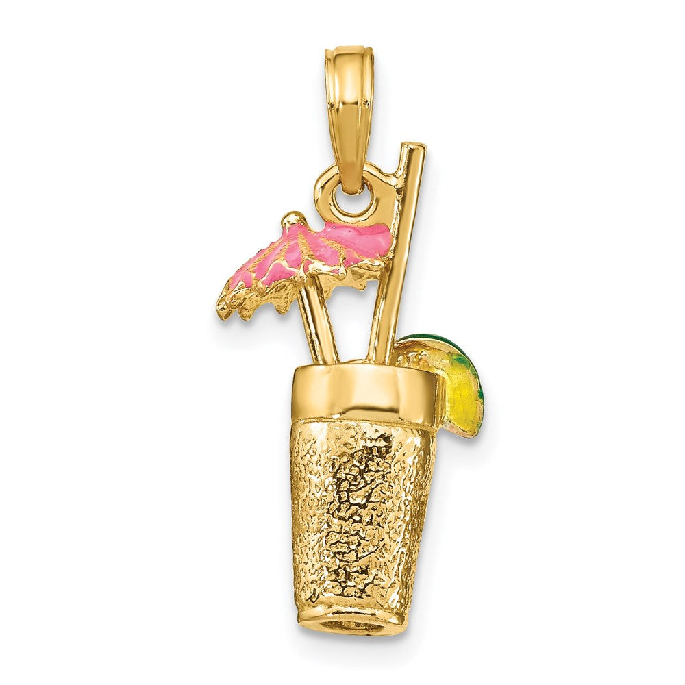 14k Yellow Gold 3-D Cocktail Drink w/Pink Enamel Umbrella Charm