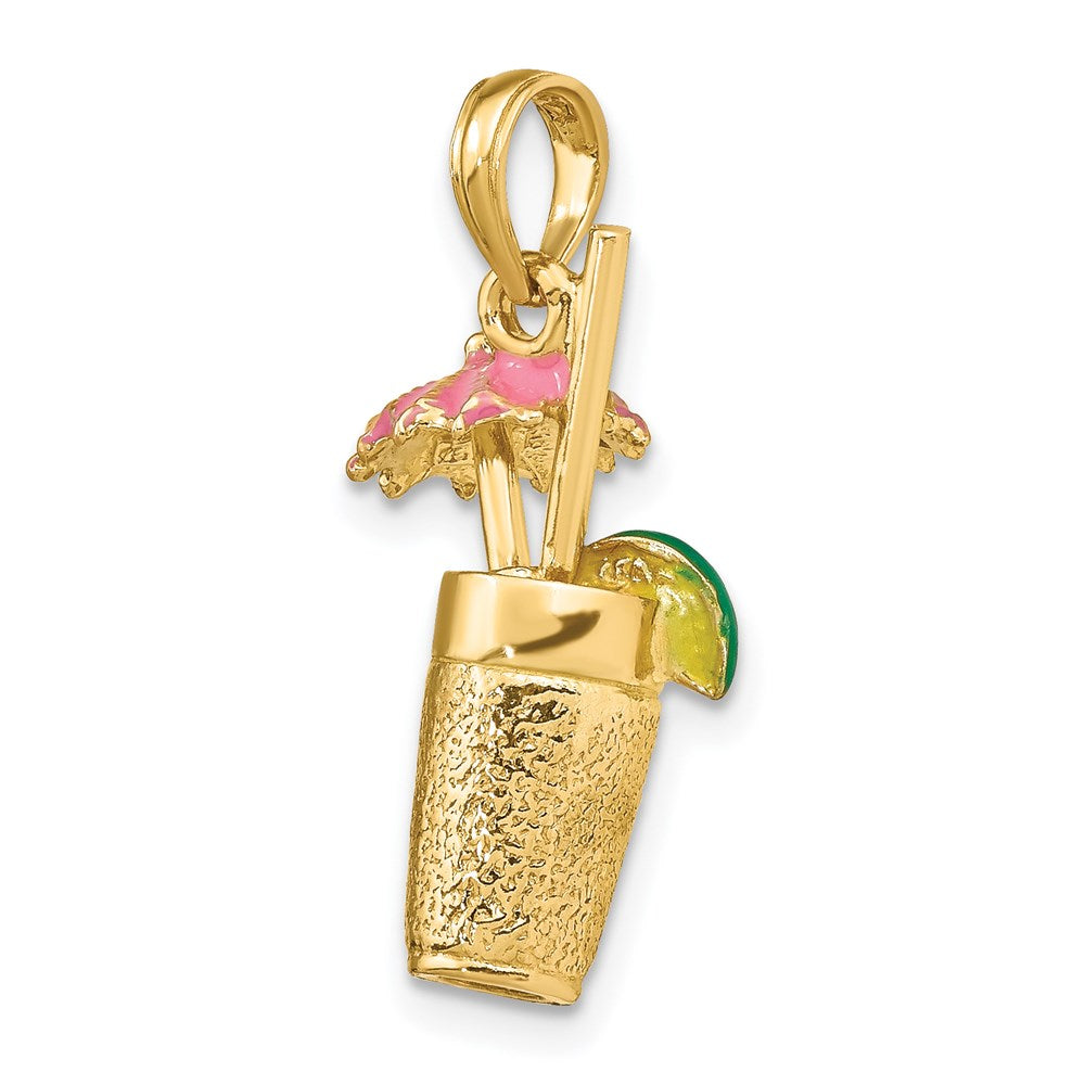 14k Yellow Gold 3-D Cocktail Drink w/Pink Enamel Umbrella Charm