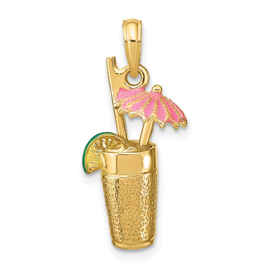 14k Yellow Gold 3-D Cocktail Drink w/Pink Enamel Umbrella Charm