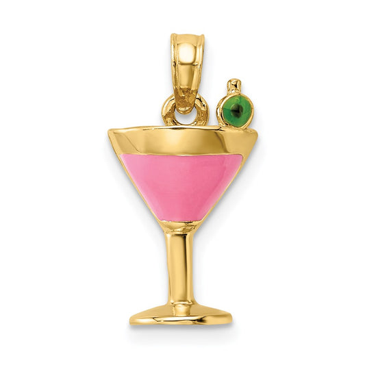 14k Yellow Gold Pink Enameled Cosmo Martini w/Olive Charm