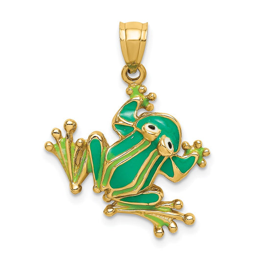 14k Yellow Gold Green Enameled 2-D Frog Charm