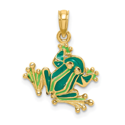 14k Yellow Gold Green Enameled 2-D Small Frog Charm