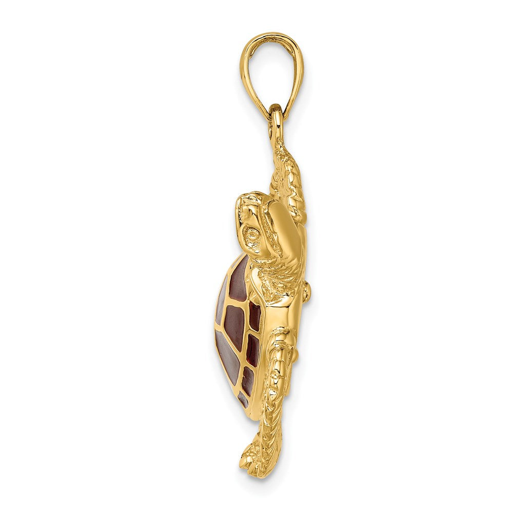 14k Yellow Gold 3-D Brown Enamel Large Sea Turtle Charm