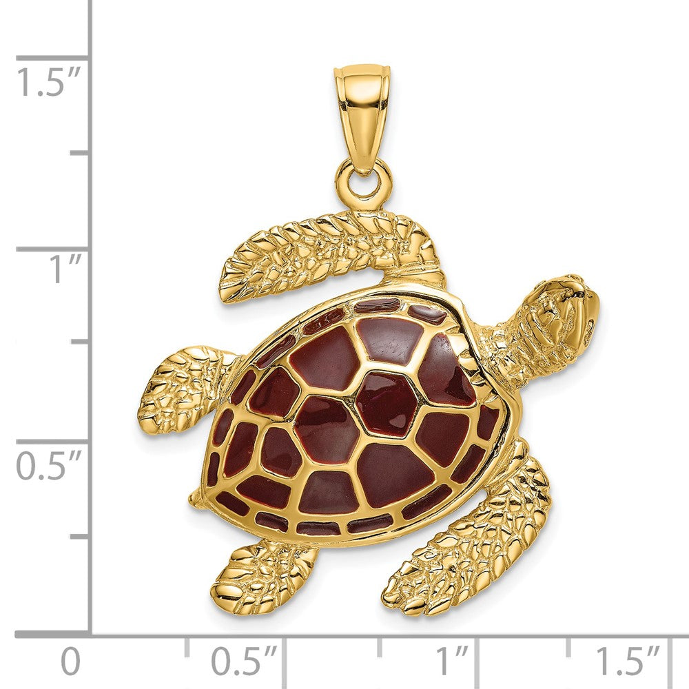 14k Yellow Gold 3-D Brown Enamel Large Sea Turtle Charm