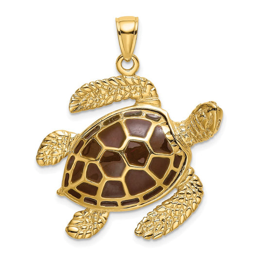 14k Yellow Gold 3-D Brown Enamel Large Sea Turtle Charm