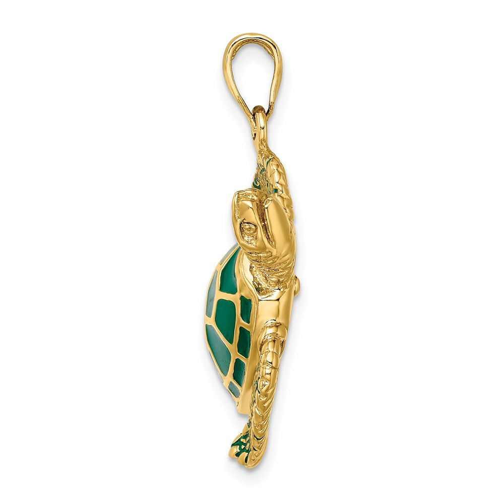 14k Yellow Gold 3-D Green Enamel Large Sea Turtle Charm