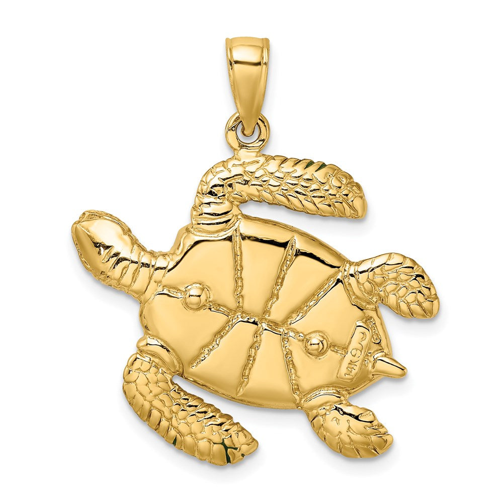 14k Yellow Gold 3-D Green Enamel Large Sea Turtle Charm