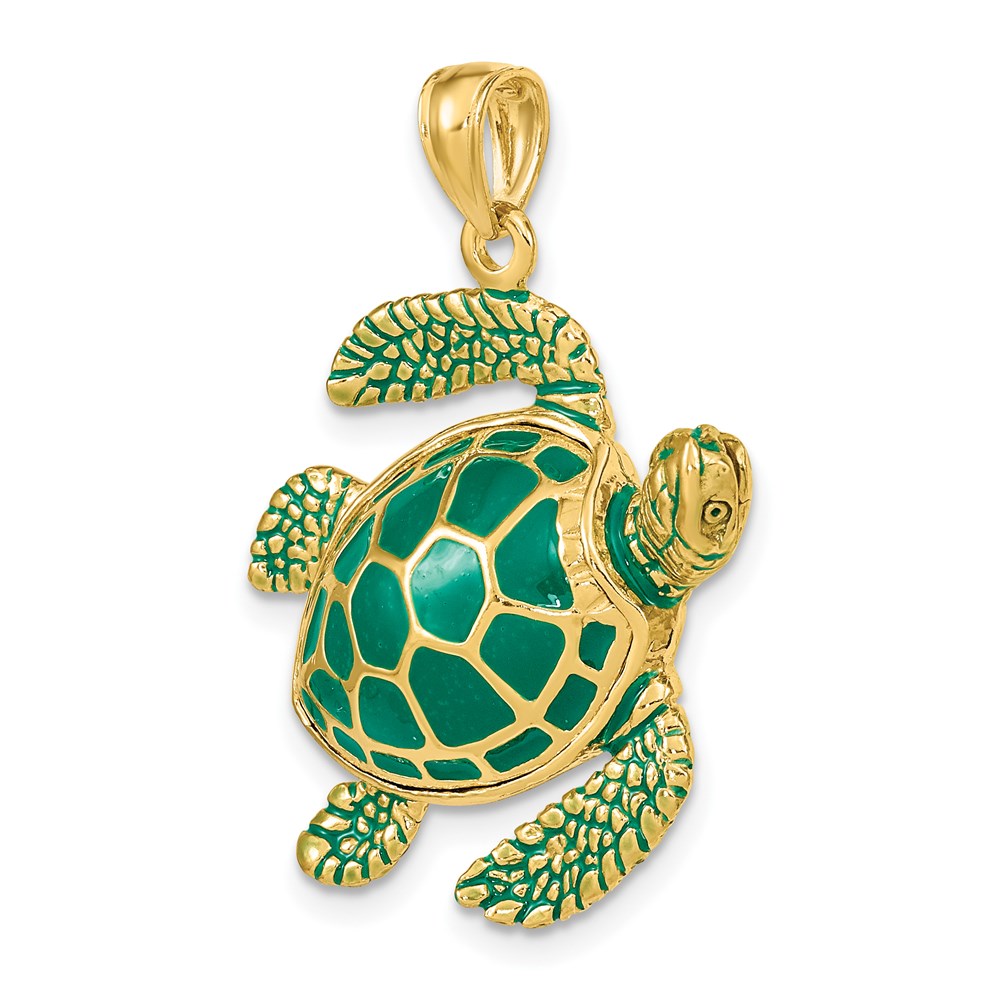 14k Yellow Gold 3-D Green Enamel Large Sea Turtle Charm