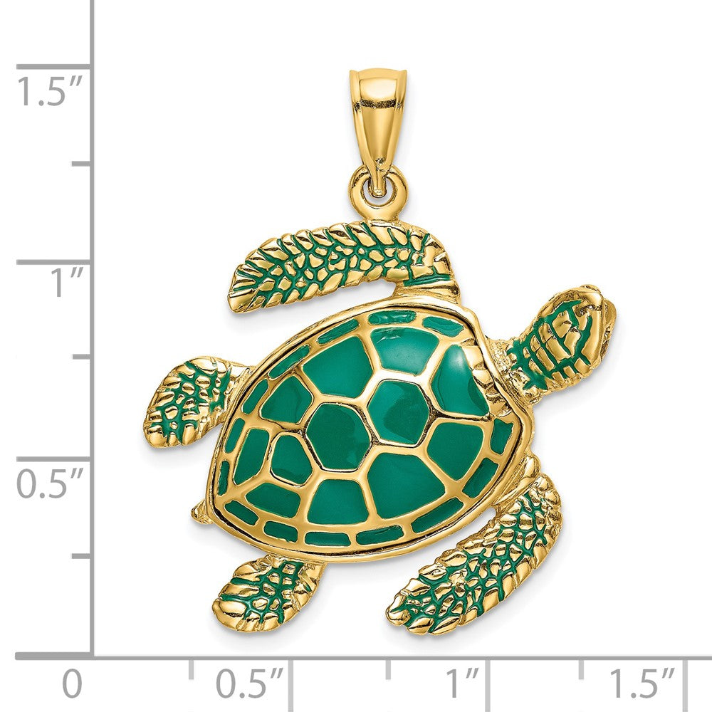 14k Yellow Gold 3-D Green Enamel Large Sea Turtle Charm