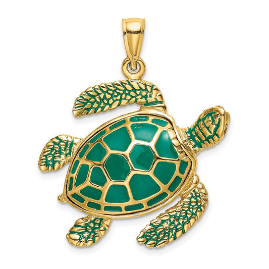 14k Yellow Gold 3-D Green Enamel Large Sea Turtle Charm