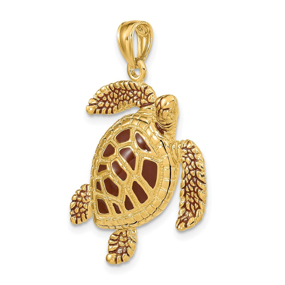 14k Yellow Gold 3-D Brown Enamel Textured Sea Turtle Charm