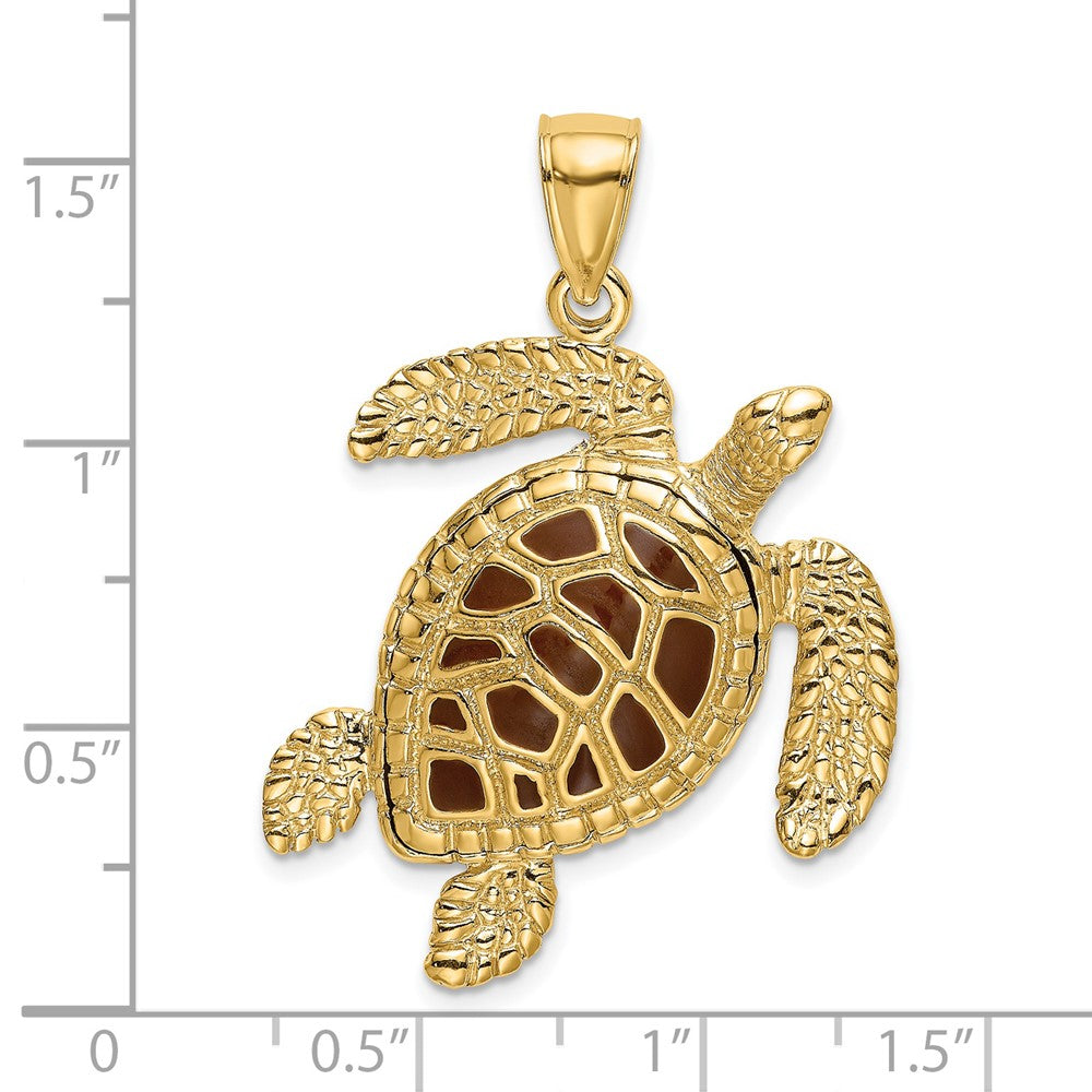 14k Yellow Gold 3-D Brown Enamel Textured Sea Turtle Charm