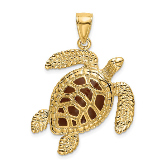 14k Yellow Gold 3-D Brown Enamel Textured Sea Turtle Charm