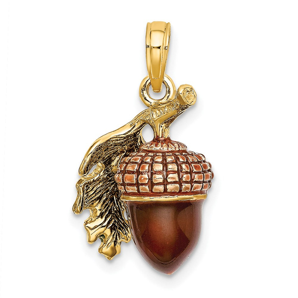 14k Yellow Gold 3-D Enameled Acorn w/Leaf Charm