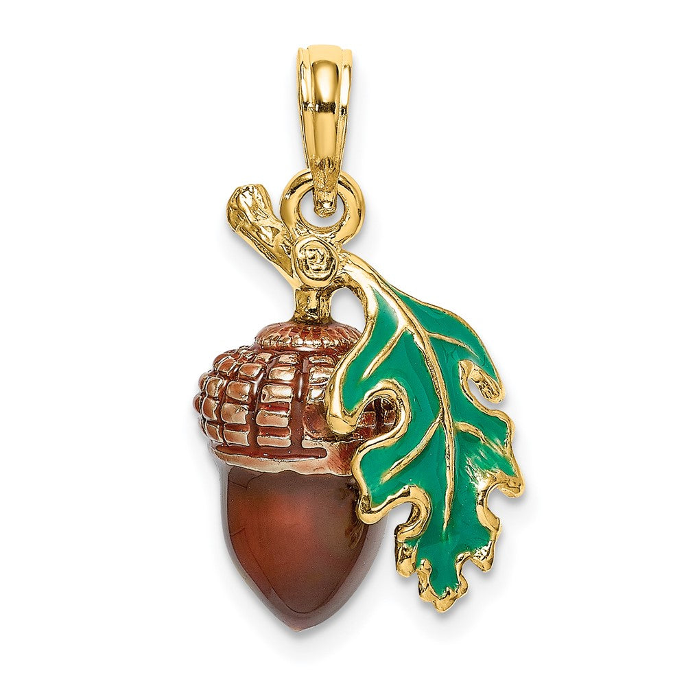 14k Yellow Gold 3-D Enameled Acorn w/Leaf Charm