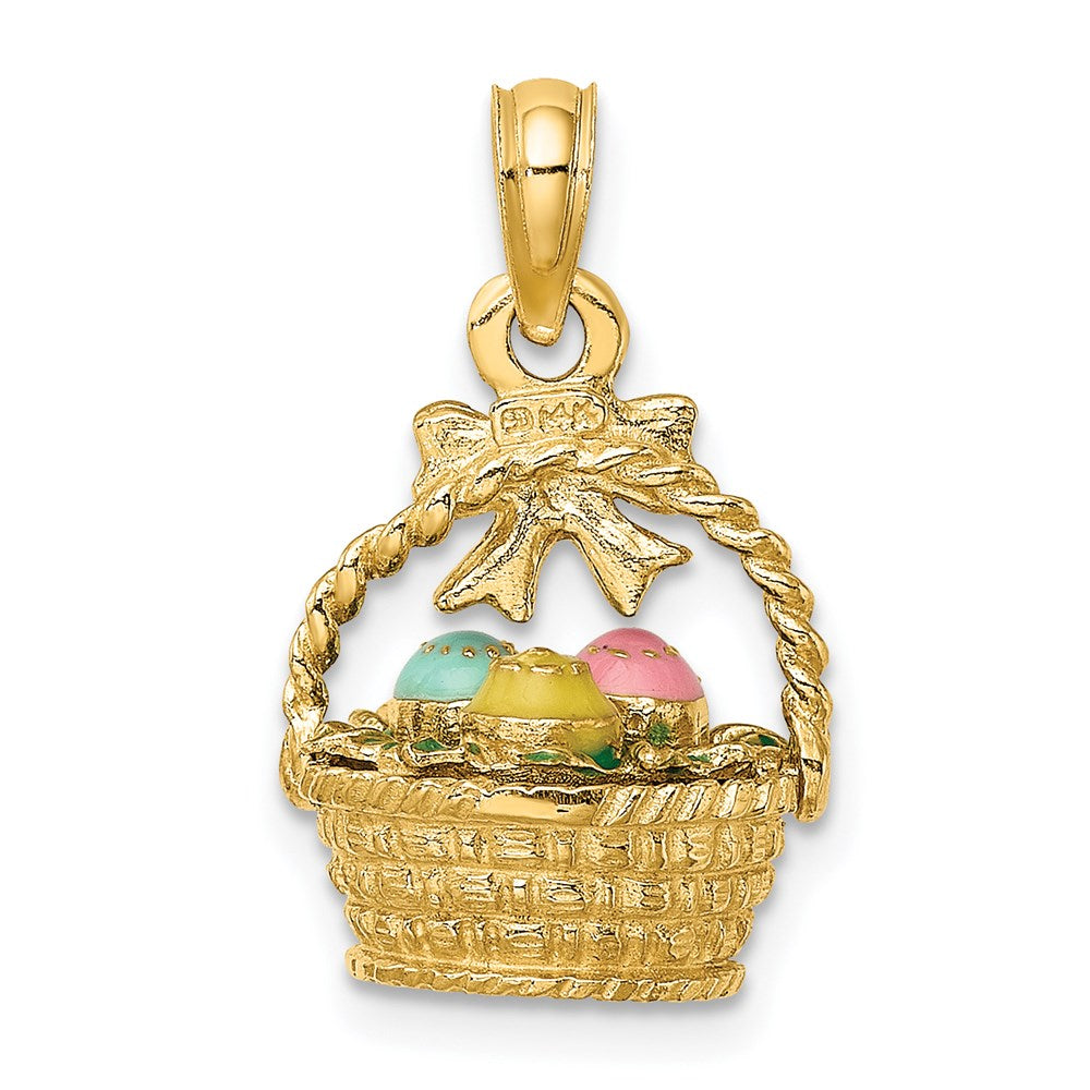 14k Yellow Gold 3-D Enameled Easter Basket w/Bow and Eggs Charm