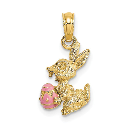 14k Yellow Gold 3-D Pink Enameled Easter Bunny w/Egg Charm