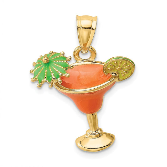 14k Yellow Gold Orange Enameled Margarita Drink w/Umbrella and Lime Charm