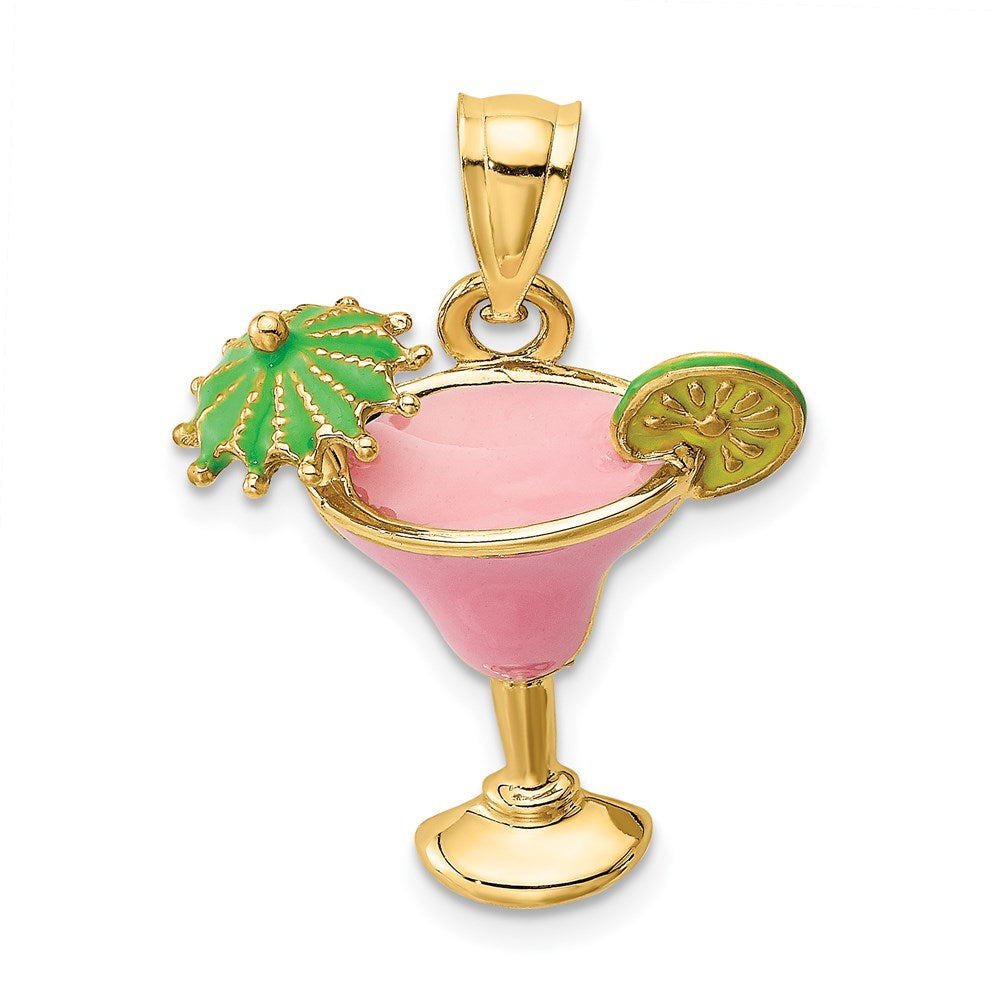 14k Yellow Gold Pink Enameled Margarita Drink w/ Umbrella and Lime Charm