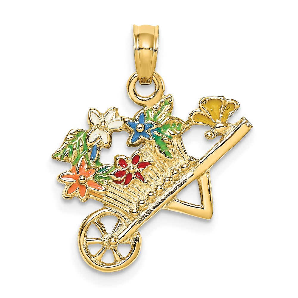 14k Yellow Gold 3-D Multi-color Enamel flower Cart Charm