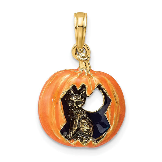 14k Yellow Gold 3-D Enameled Pumpkin w/Black Cat and Moon Charm