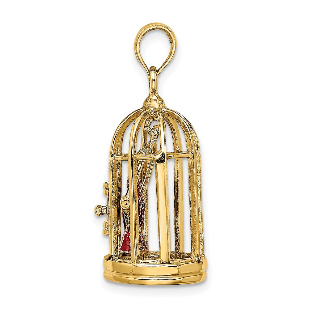 14k Yellow Gold w/ Enamel 3-D Bird Cage w/ 2 Birds and Doors Open Charm