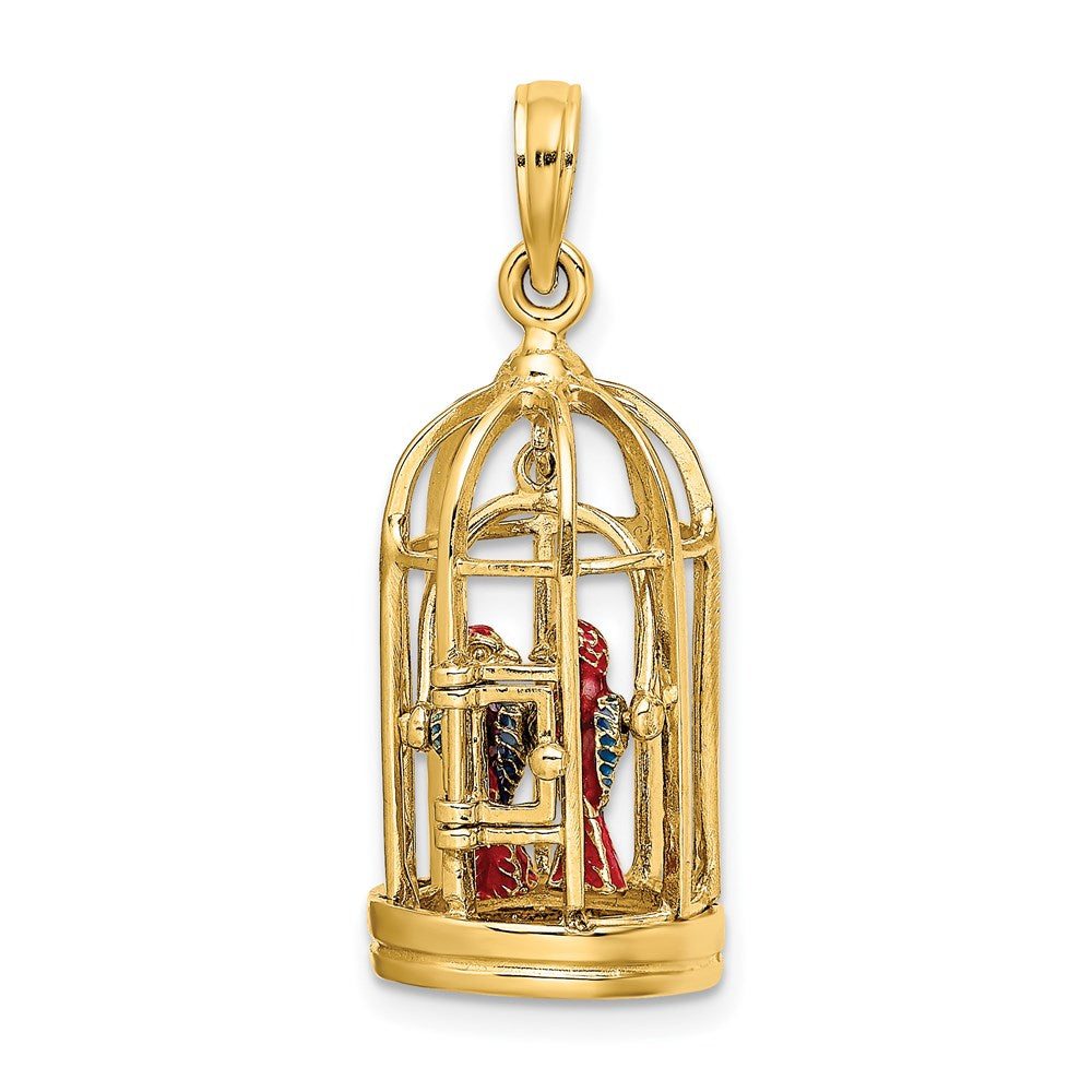 14k Yellow Gold w/ Enamel 3-D Bird Cage w/ 2 Birds and Doors Open Charm