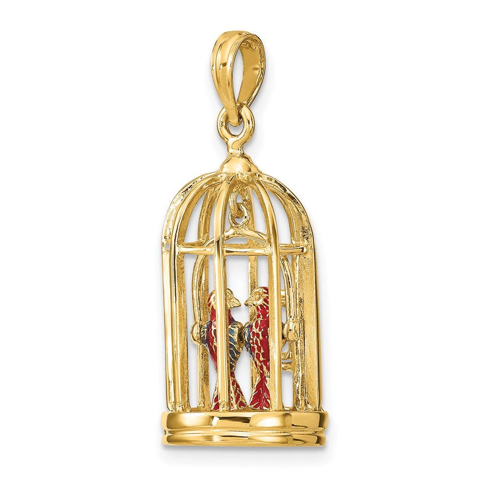 14k Yellow Gold w/ Enamel 3-D Bird Cage w/ 2 Birds and Doors Open Charm