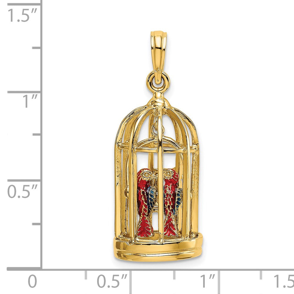 14k Yellow Gold w/ Enamel 3-D Bird Cage w/ 2 Birds and Doors Open Charm