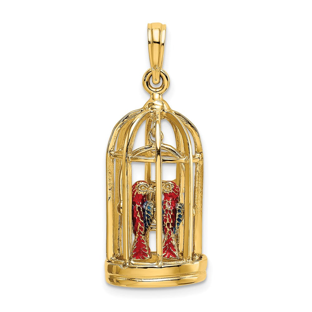 14k Yellow Gold w/ Enamel 3-D Bird Cage w/ 2 Birds and Doors Open Charm