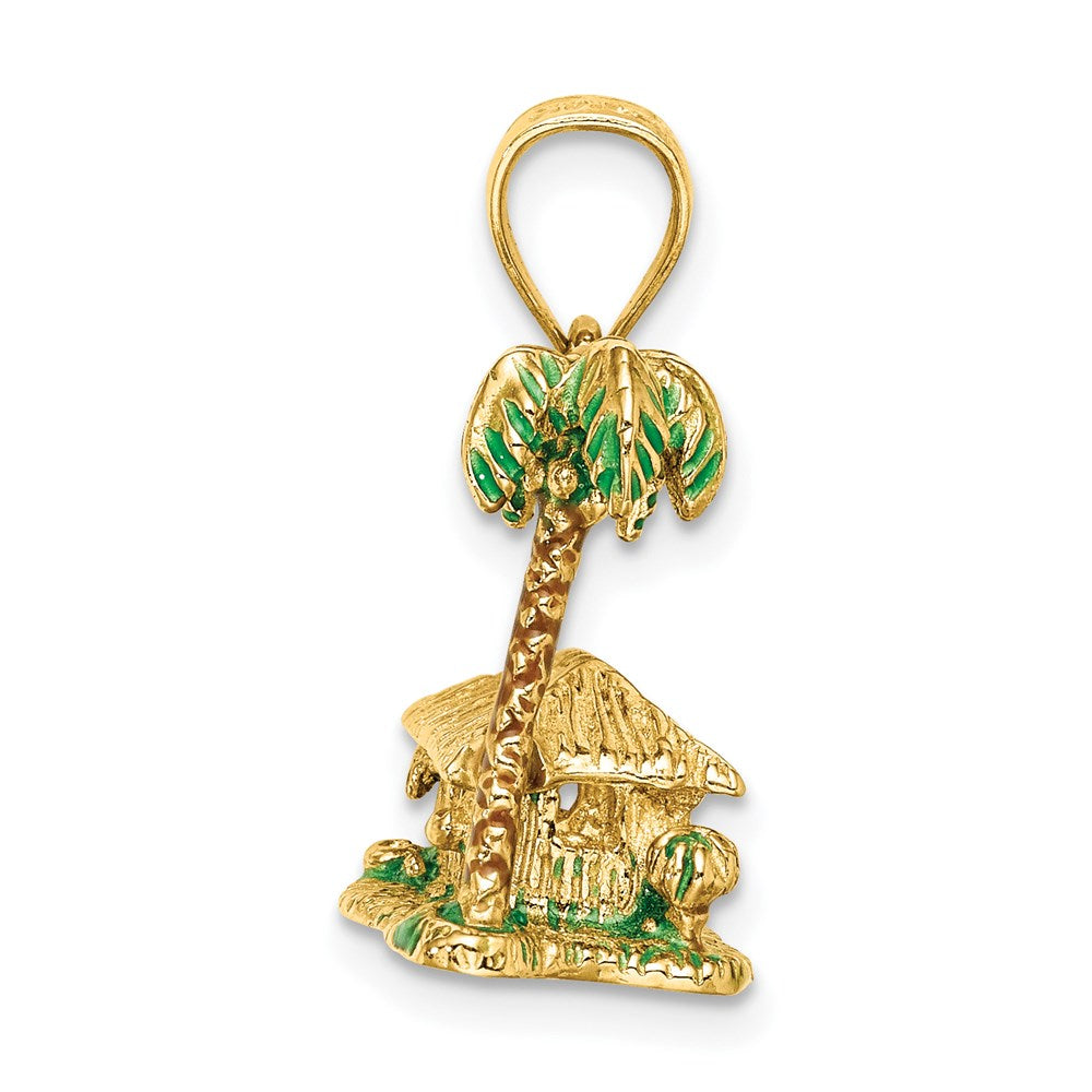 14k Yellow Gold 3-D W/Enamel Palm Tree and Hut Charm