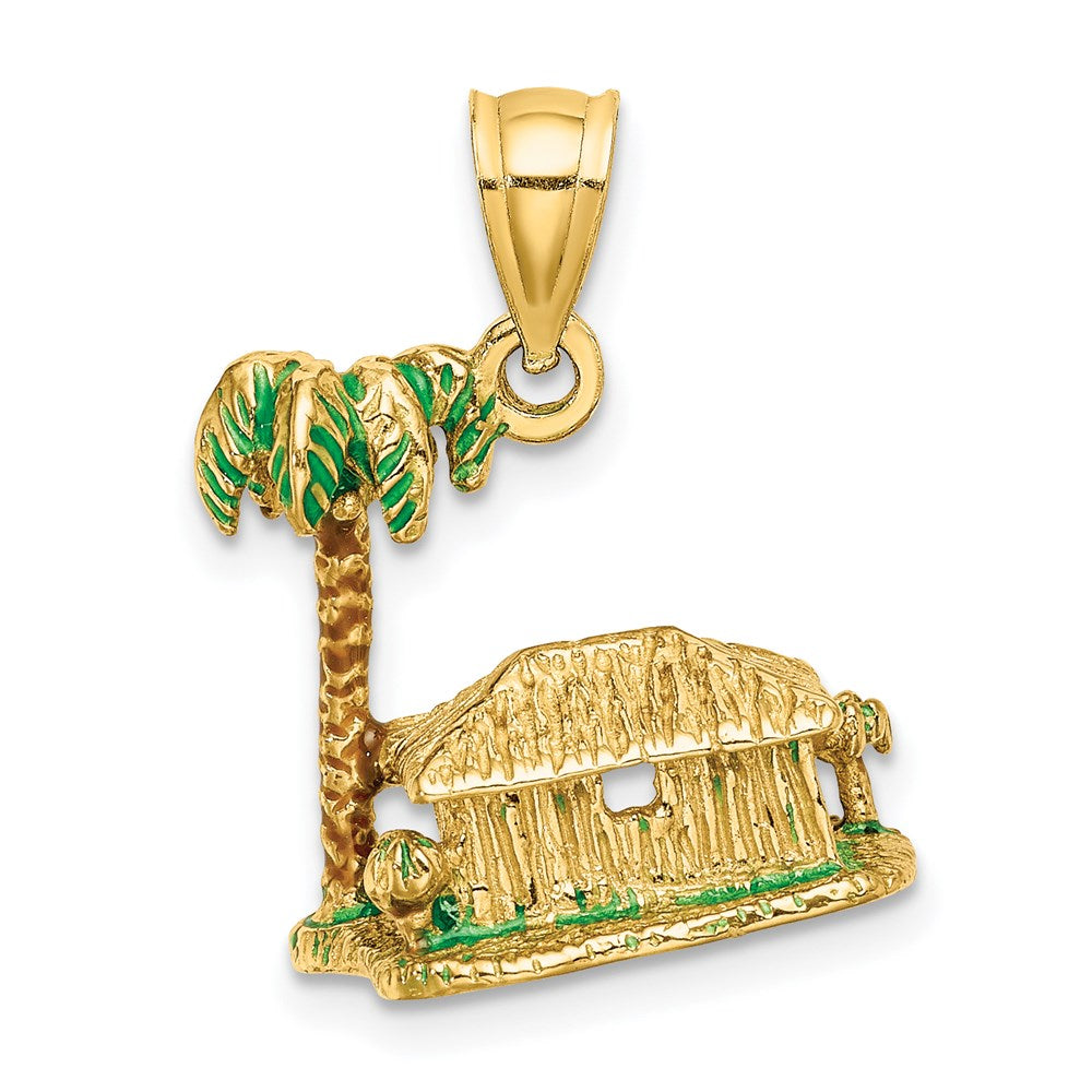 14k Yellow Gold 3-D W/Enamel Palm Tree and Hut Charm