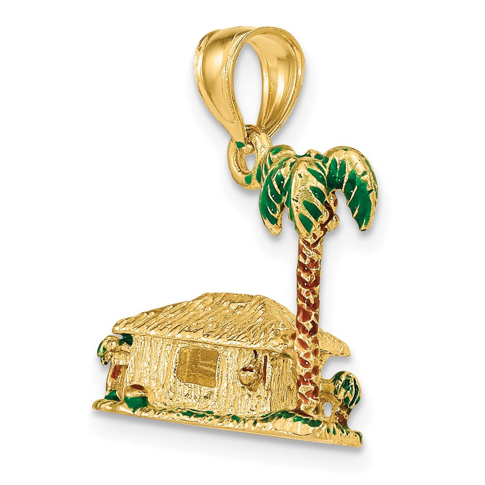 14k Yellow Gold 3-D W/Enamel Palm Tree and Hut Charm