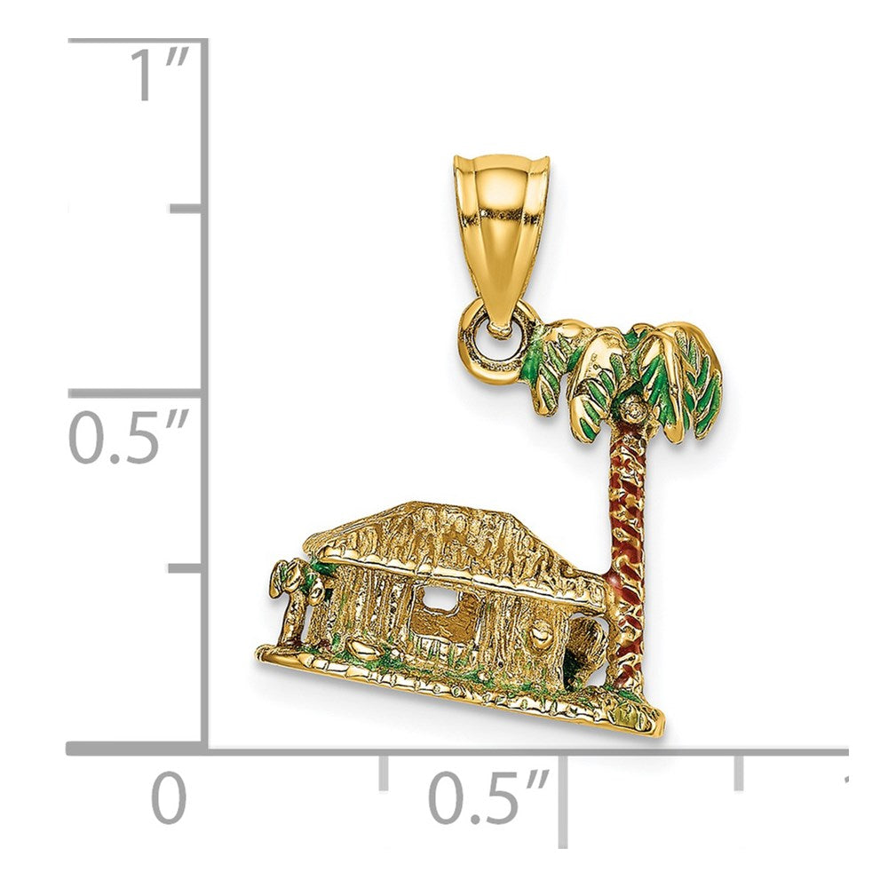 14k Yellow Gold 3-D W/Enamel Palm Tree and Hut Charm