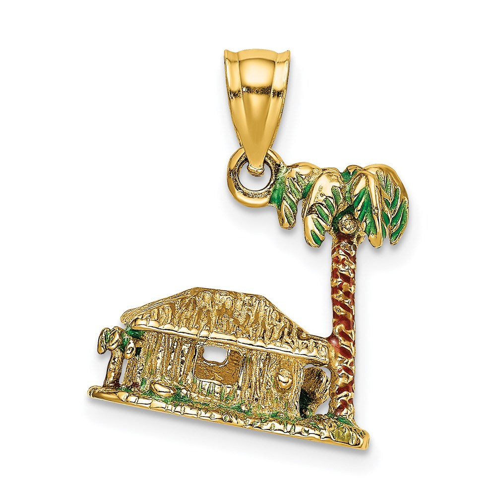 14k Yellow Gold 3-D W/Enamel Palm Tree and Hut Charm