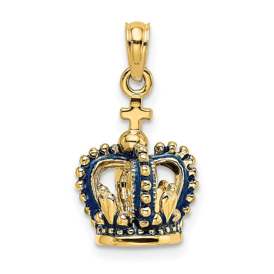 14k Yellow Gold 3-D w/ Blue Enamel Crown Charm