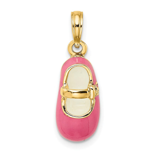 14k Yellow Gold 3-D w/ Pink Enamel Baby Shoe Charm