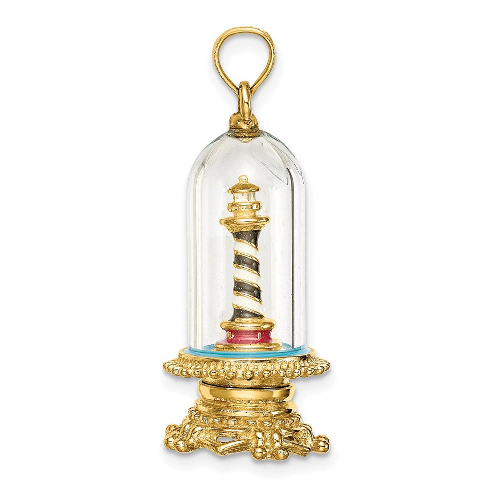 14k Yellow Gold 3-D Enamel Lighthouse In Glass Dome Charm