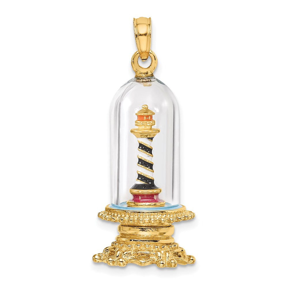 14k Yellow Gold 3-D Enamel Lighthouse In Glass Dome Charm