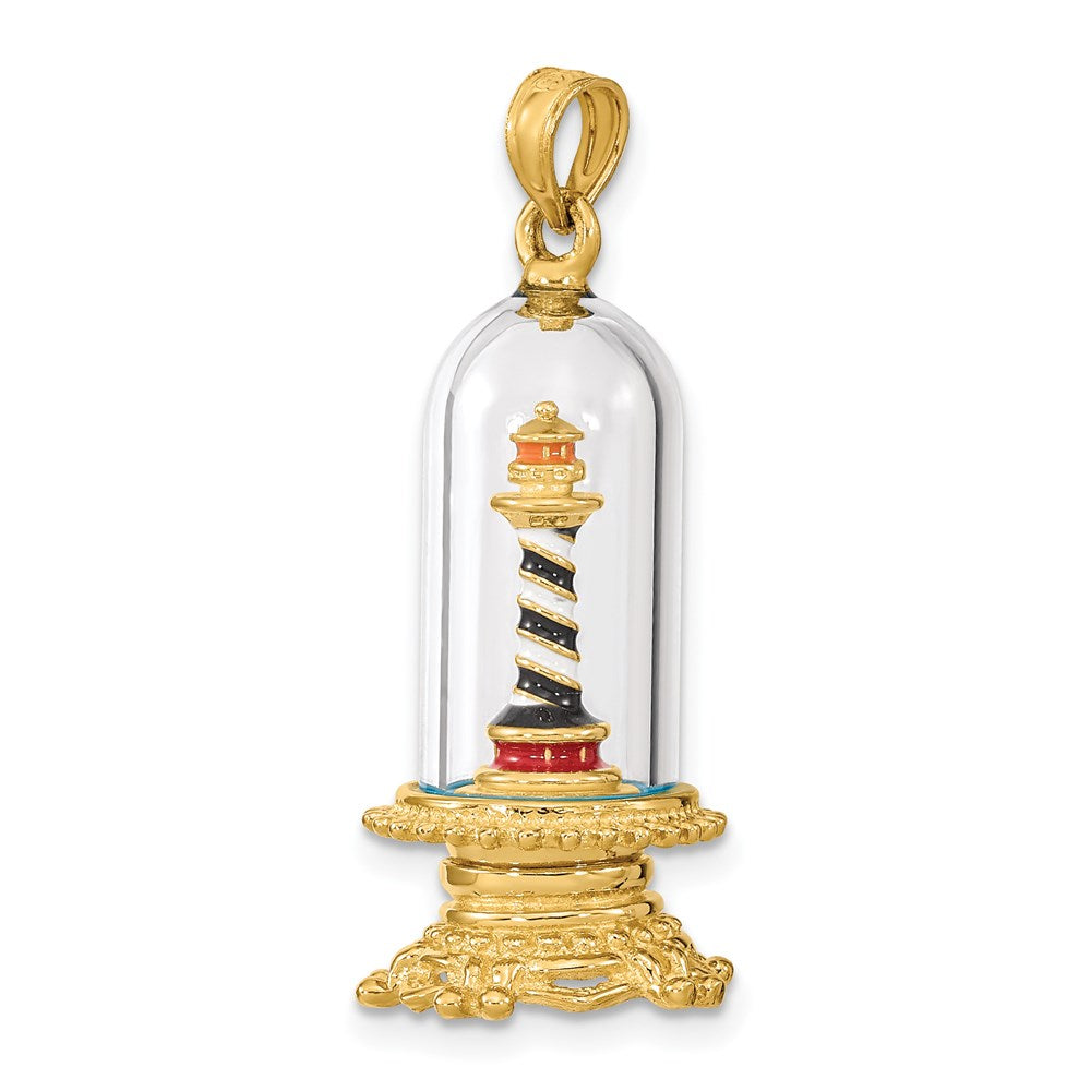 14k Yellow Gold 3-D Enamel Lighthouse In Glass Dome Charm