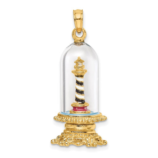 14k Yellow Gold 3-D Enamel Lighthouse In Glass Dome Charm