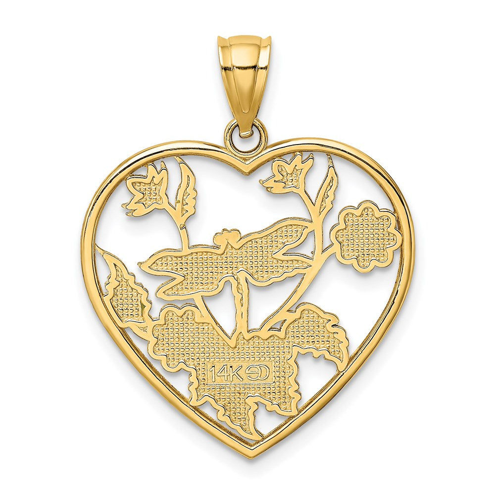 14k Yellow Gold Enamel Dragonfly and Flower in Heart Charm