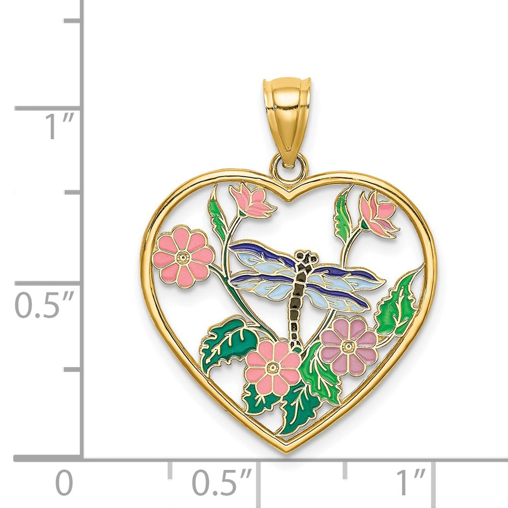 14k Yellow Gold Enamel Dragonfly and Flower in Heart Charm